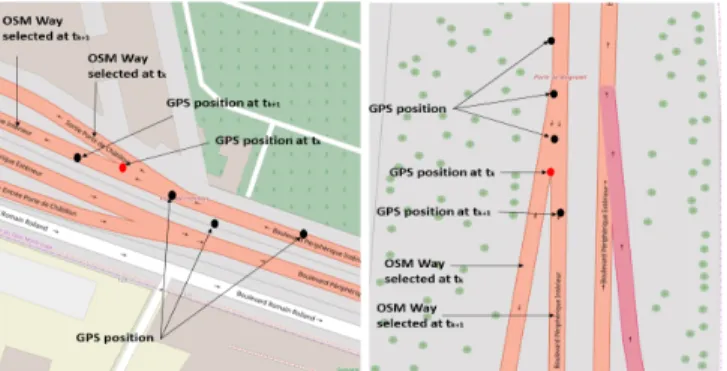Fig. 9: Scenarios where the map matching algorithm selects the wrong OSM Way and leads to a false lanes number estimation