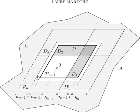 Figure 4. The setting of lemma 9. C is in light gray, D 1 and D 2 are in darker gray, D is the region with the thick outline.
