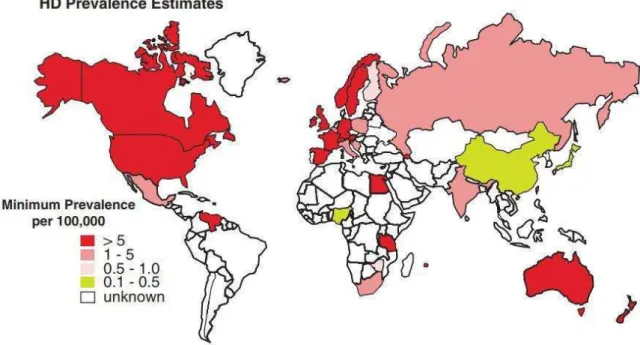 Figure 4 : Prévalence de la maladie de Huntington et sa distribution dans le monde   (Warby 2011).