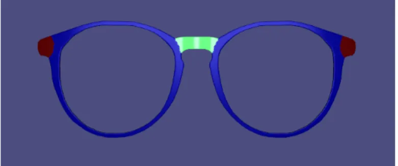 Figure 2: Good segmentation of glasses. Tenons are in red, circles in blue and bridge in green.