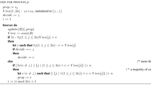 Figure 1: B n consensus algorithm with 2n multi-writer snapshot array.