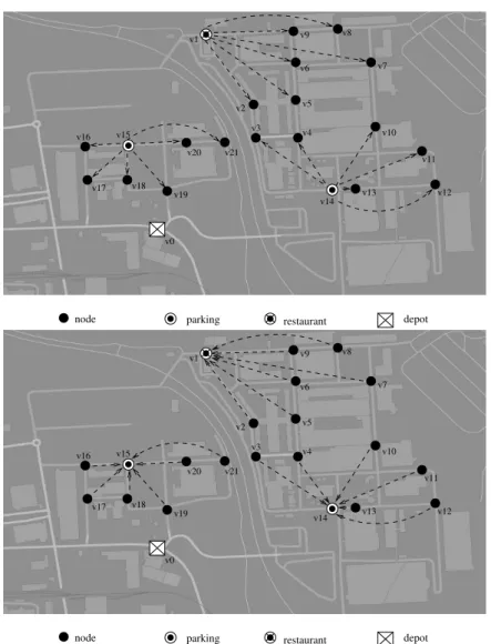 Figure 3.2: This figure illustrates an example of the morning respectively evening pattern of requests on the network G of the industrial site “Ladoux” of Michelin at  Clermont-Ferrand