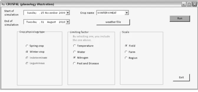 Figure 2.1. The graphical user interface (GUI) of the crop modelling framework (CROSPAL)  in two main windows to illustrate the hierarchy of criteria in the choice of the model 