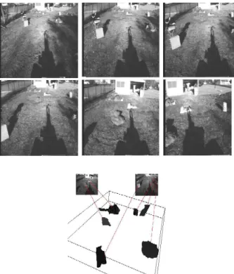 Figure 10: Sequence of scenes captured by LAMA robot moving straight forward and obstacle map wih 3D-meshed reconstructed structures.
