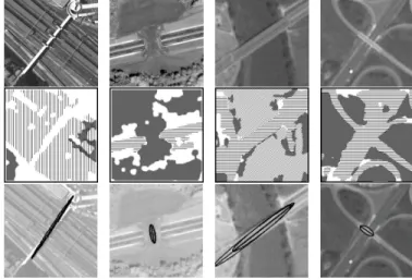 Fig. 3. Sample neural network output; top: source images, bottom: network output (darker pixels represent stronger responses); from left to right, bridge, railroad, road, vegetation and water neural network output channels for each image on the top row