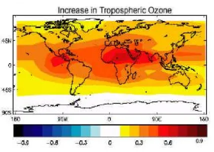 Figure 1.6 – Distribution géographique du forçage radiatif annuel moyen W.m 2 calculés depuis le pré-industriel (1750) de l’ozone troposphérique