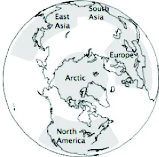 Figure 1.12 – Les quatre régions sources, Europe, Asie du sud, Asie de l’est, Amérique du nord, considérées par l’étude HTAP.