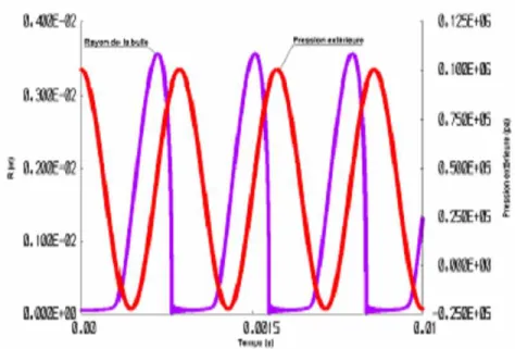 Fig. 1.7 – Evolution d’une bulle soumise ` a une pression ext´ erieure sinuso¨ıdale (R 0 = 50µm, σ = 3, Cp = −5