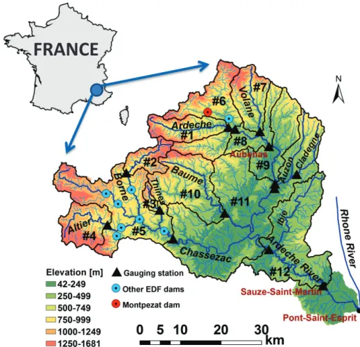 Figure 2.1.1- Map of the Ardèche catchment with gauging stations and dams position: Source BD  TOPO ® IGN database 25 m (in blue: hydrographic network BD CARTHAGE® database)  
