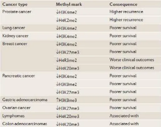 Figure 18. Global changes in histone methylation in various types of cancers (Greer and Shi,  2012)