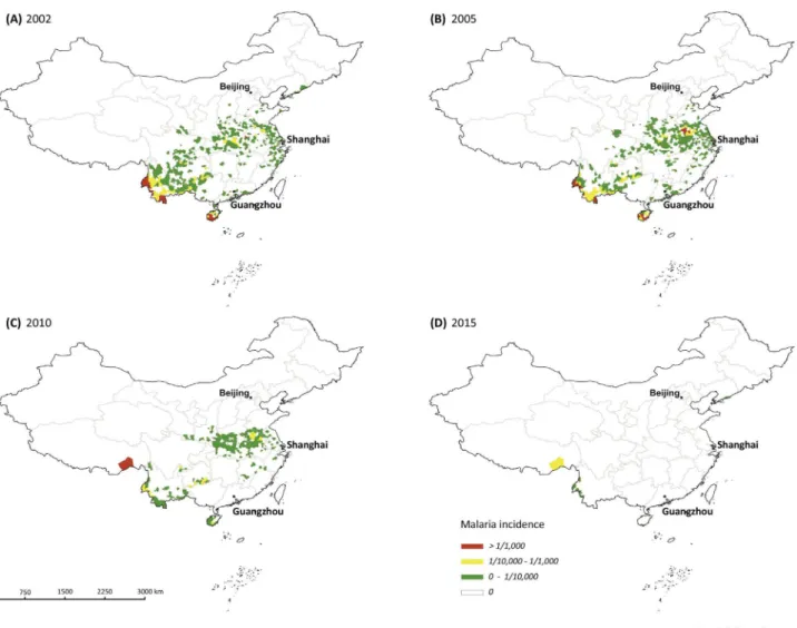 Figure 2. Evolution of Local Malaria Transmission in China from 2002 to 2015. (A) In 2002