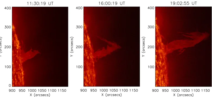 Figure 3.3 Images obtained by SDO/AIA in the He II 304 Å line at different times before (left) and during the prominence eruption (middle, right).