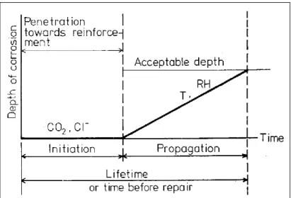Figure II-7 Schematic sketch of steel corrosion sequence in concrete[55] 