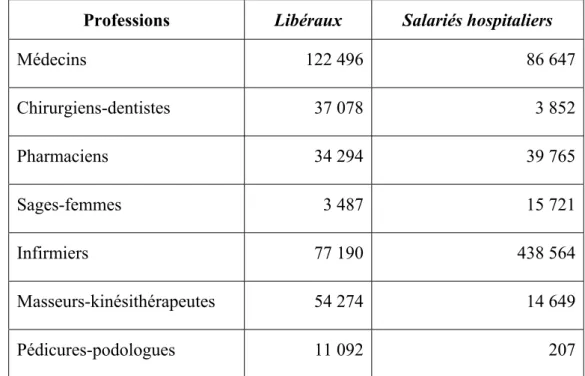 Tableau 1.1 Les effectifs par profession de santé et situation professionnelle  au 1er janvier 2010  