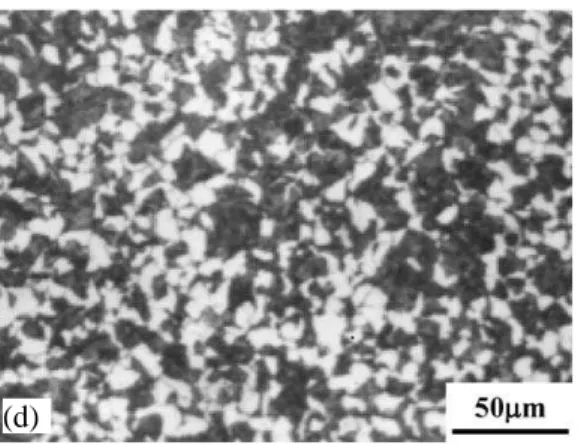 Figure 1.11 Microstructures after heating at 880°C for 33 min and cooling at 10°C /min with  magnetic field of (a) 6T, (b) 10T, (c) 14T and (d) cooling at 46°C /min with 14T magnetic  field.(the magnetic field direction and the rolling direction are vertic