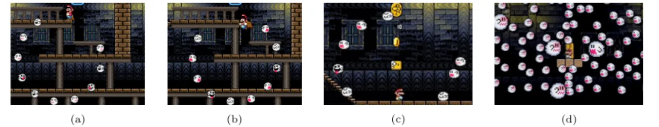 Figure 1: Illustrative examples of spatial configurations where ghosts (reference object A) are enlacing the character Mario (target object B) to different degrees.