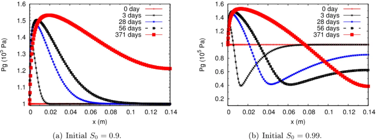Figure 2.11: Proles of gas pressure during drying of Paste4 with dierent values of initial saturation.