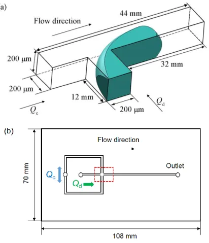 Fig. 3-2 Schematic diagrams of two microfluidic devices. (a) The T-junction device. Size of the  cross-section: 200 μm × 200 μm