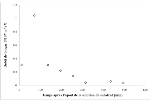 Fig. III. 24.  Débit de production de biogaz en fonction du temps en régime statique. 