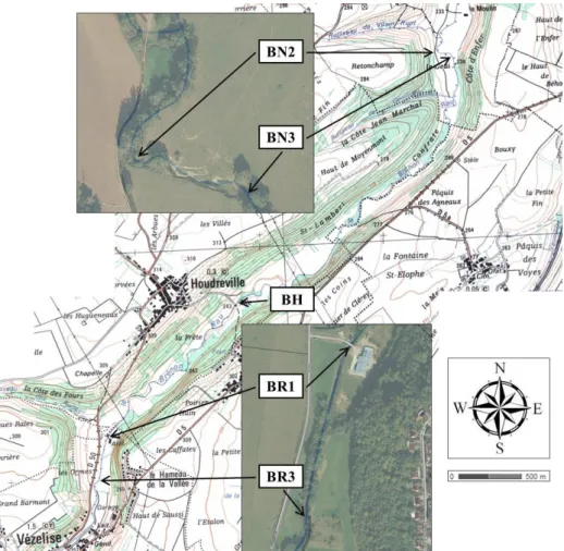 Figure 2.3 : Localisation des points de prélèvement à grande échelle sur la carte IGN (2013) et  à petite échelle sur les photos aériennes (Geoportail, 2013)