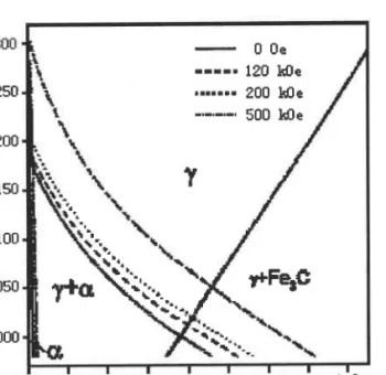 Figure  1-4  Fe-C  phase diagram  associated with  the  y/o&#34; ard  yEqC transformation under magnetic field  [33]