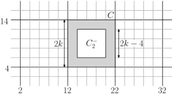 Figure 1: Grid rooted at (2, 4) with cells of side 2k = 10 and the 2-contraction of a cell.