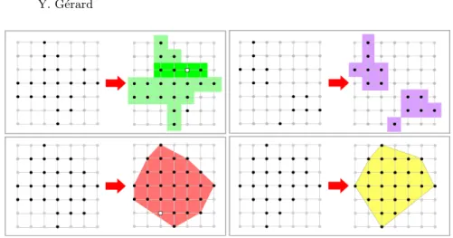 Fig. 1. HV and C-convexities. Top left, the set is not HV -convex while the top- top-right, the lattice set is HV-convex