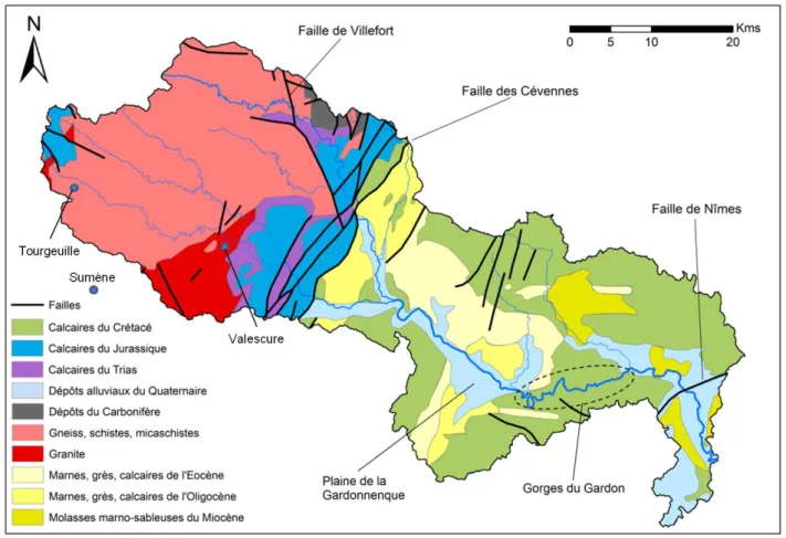 Figure 2-4: Carte géologique détaillée du bassin versant du Gardon avec la position des 3 sites étudiés (Laganier, 2014)