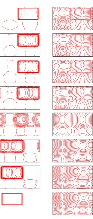 Figure 5: Test 3: the contours of m h (left) and u h (right) at t = i/50, i = 0, 1, 2, 5, 25, 45, 49, 50