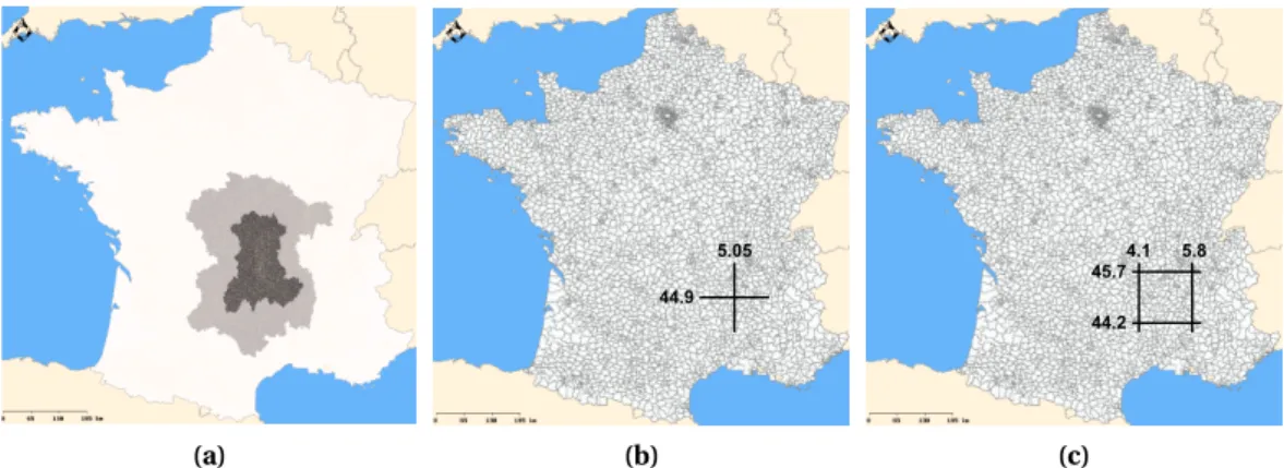 Figure 2.6: Maps to illustrate the build process regions. (a) Administrative; (b) starting point of aggregation and (c) limits of aggregated units
