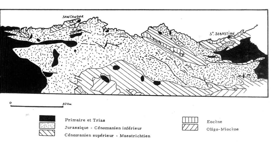 Fig.  4  Carte g'ologique  schématique des  Pays basco-cantabriques  entre  SAINT -SEBASTIEN et SANTANDER