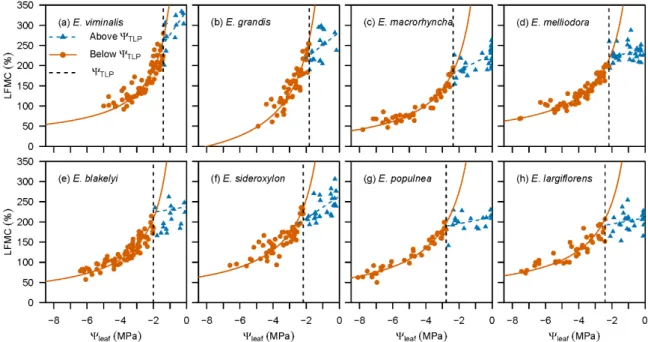 Figure 3. Decline in LFMC and Ψ leaf  modelled using Equation (3) (for data > Ψ TLP ) and Equation (4)  (for data <Ψ TLP : −1/Ψ leaf  versus LFMC), for saplings of eight Eucalyptus species