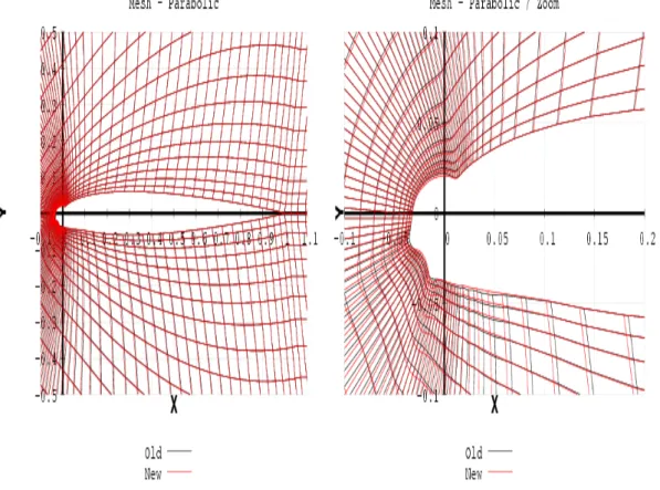 Figure 4: Meshing around profile given in Figure 3. The left picture presentes a parabolic mesh