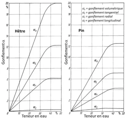 Figure I-18 : Evolution des coefficients de gonflement en fonction de la teneur en eau du hêtre et du pin  selon Mörath (1932) 