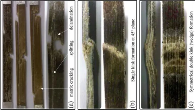 Fig. I.25 : Observations de différentes éprouvettes rompues après un essai de fatigue en a) traction-traction, b)  traction-compression et c) compression-compression (Shah et al., 2013)