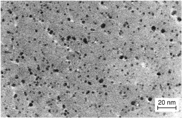 Fig. 2.3 – Micrographie MET de l’´ echantillon Au 0.5 Ag 0.5 compos´ e de nanoparticules d’al- d’al-liage or-argent en matrice d’alumine.