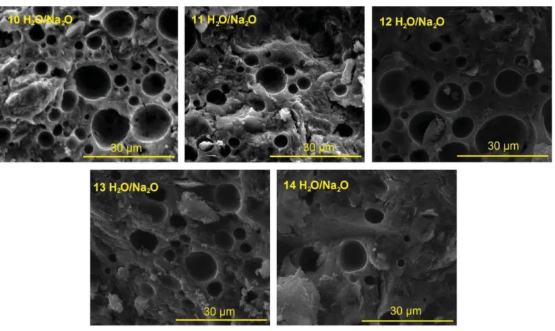Figure 21 : Images MEB obtenues sur des échantillons hexadécane/géopolymère  possédant des rapports molaires H 2 O / Na 2 O différents