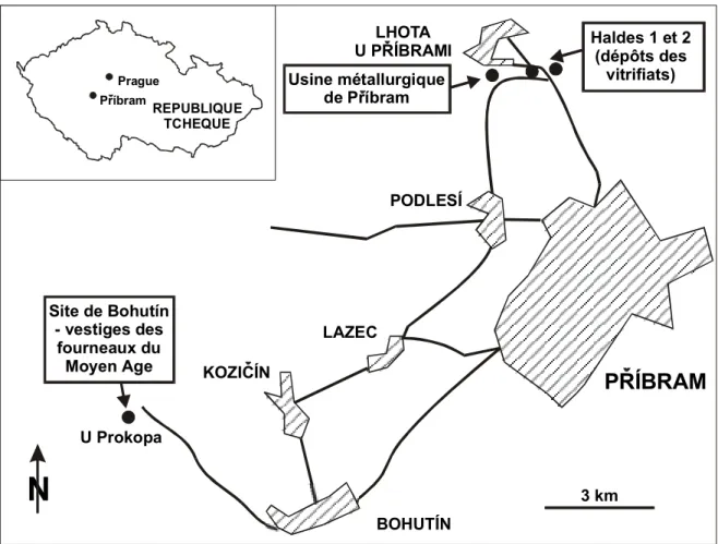 Figure I-2 Position géographique du district minier de Příbram et localisation de l’usine métallurgique et des sites d’échantillonnage.