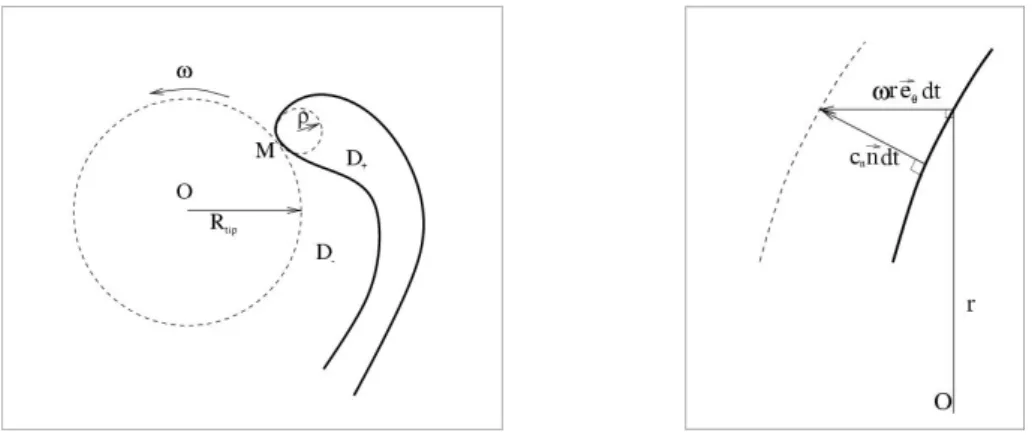 Fig. 2.5 – Droite : Vision sch´ ematique de l’onde spirale dans un mod` ele d’interface fine
