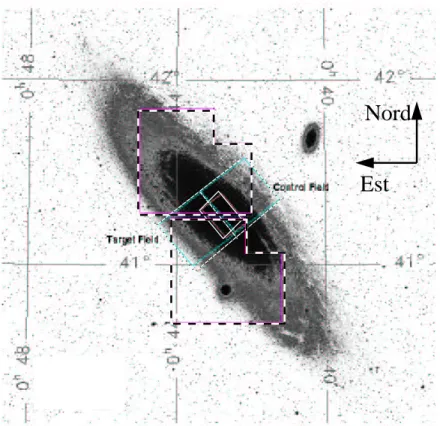 Fig. 3.1: Position des champs d’observation des trois collaborations AGAPE. Les observa- observa-tions effectu´ees sur le t´elescope Bernard Lyot au Pic du Midi (petit champ central) couvrent une surface de 200 arcmin 2 