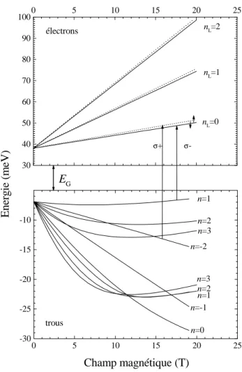 Figure 6  Modélisation numérique des niveaux de Landau des électrons et des trous en fonction du champ magnétique [HAU97b].