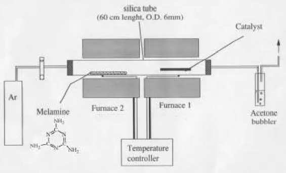 Figure 3-3.- Pyrolysis set-up used during the present thesis for producing C and CN nanotubes.