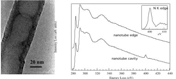 Figure 3-9.- A) TEM image of a nanotube containing nanocpasules. B) EELS spectra, C K edge and N K edge which correspond to graphite and N 2  respectively.