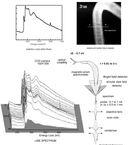 Figure 4-6.- Principle of the dedicated STEM available in Orsay.  Microscope scheme, HADF image of a C nanotube containing N 2  gas in the cavity, EELS spectrum exhibiting the characteristic signals of carbon and nitrogen and a 2D plot of a sequence of 100