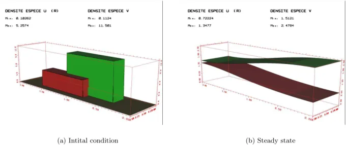 Figure 1: Initial condition (left) and steady state (right) in 2D simulations. The relaxation parameter δ 2 = .1 is small enough to fulfill condition (26)