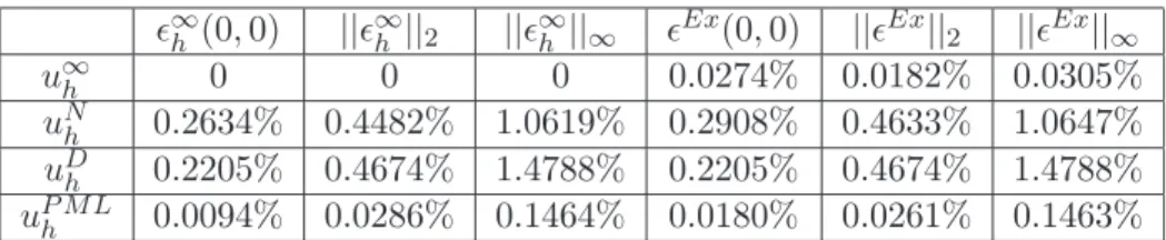 Table 3: Numerical results obtained under a advection-diffusion model (a = b = 0.25) for distinct boundary condition: Neumann homogeneous (N), Dirichlet homogeneous (D), and Perfectly Matched Layers (PML)