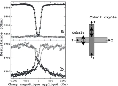 Fig. 2.1 – Mesures d’AMR pour l’´electrode de cobalt non oxyd´e (a) et pour l’´electrode de cobalt oxyd´e (b)