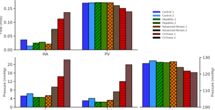 Fig 4: Overview of the simulated hepatic hemodynamics for the different time  points.  In  the  simulations,  only  the  vascular  resistances  of  the  liver  model  were adapted during consecutive time points (the parameters of the systemic  circulation 