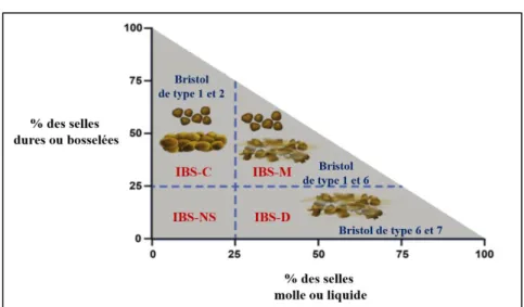 Figure 18 : Présentation schématique des différents sous-type de SII en fonction de la fréquence et  de la consistance des selles (d’après Lacy et al., 2016)