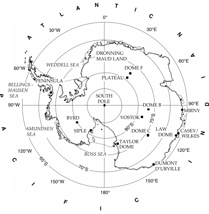 Figure II.9.  The Antarctic ice core drilling sites and regions discussed in the text.